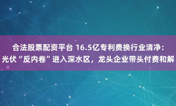 合法股票配资平台 16.5亿专利费换行业清净：光伏“反内卷”进入深水区，龙头企业带头付费和解